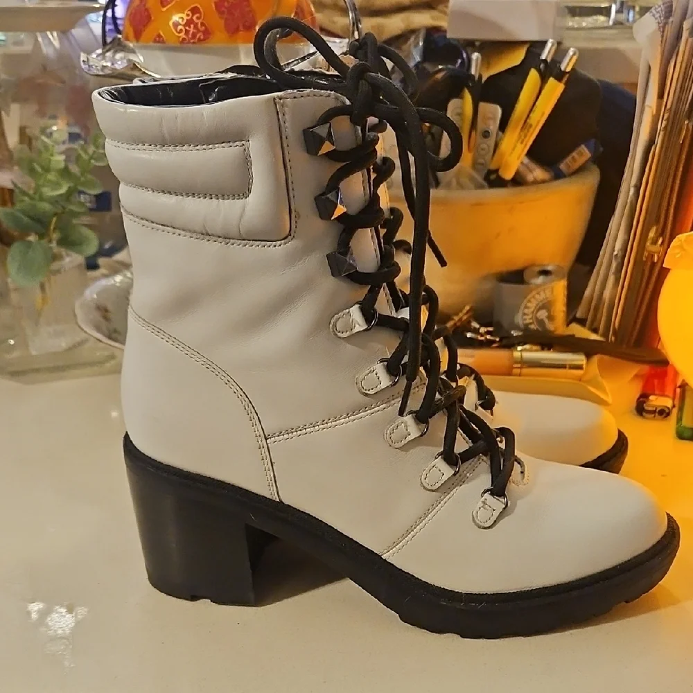 Marc Fisher White and Black Lace-Up Combat Boots - Picture 2 of 4